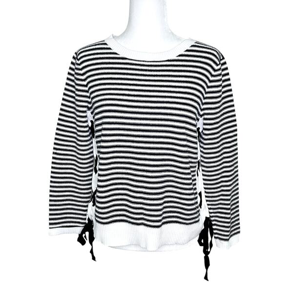 Cupio Black White Textured Stripe Long Sleeve Pullover Sweater Lace Up Sides - Picture 1 of 7